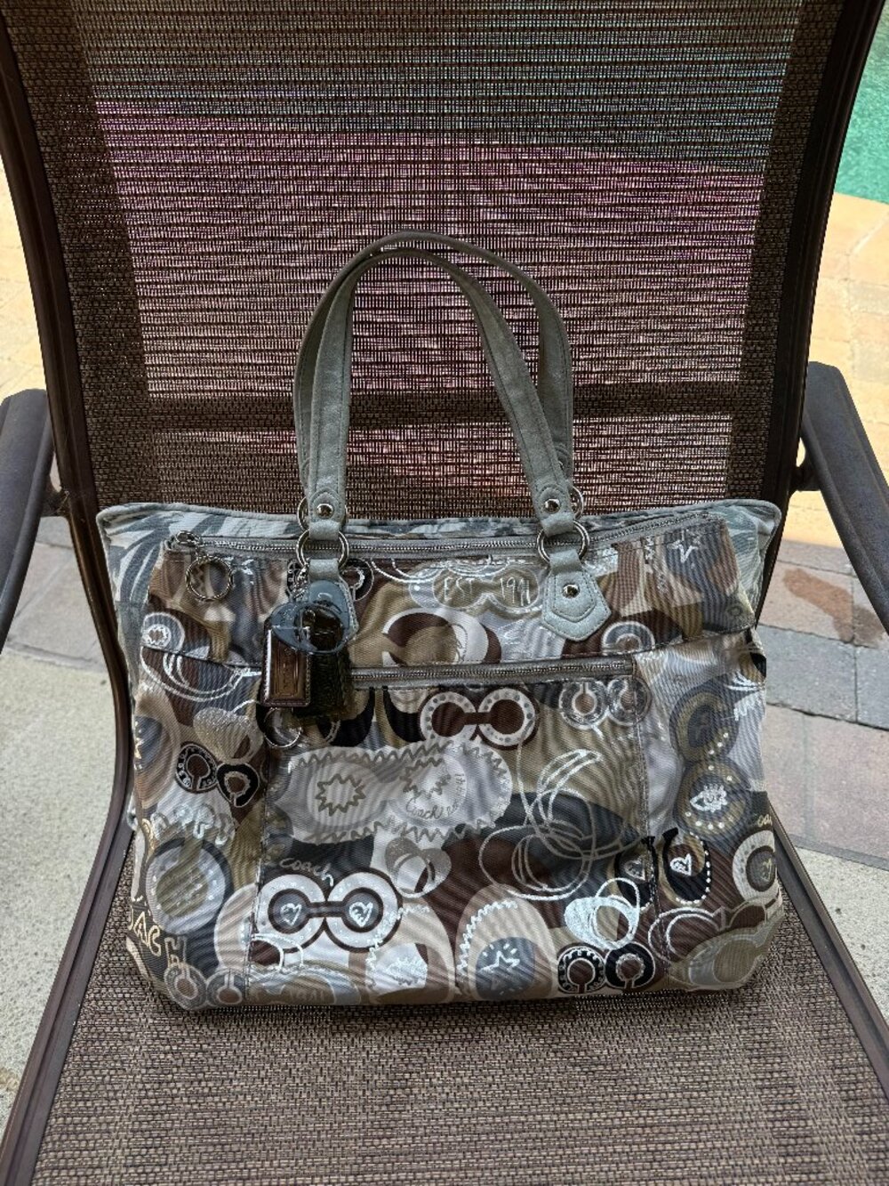 Coach Poppy Signature Graffiti Glam Tote Purse in Silver Cream Tan Brown